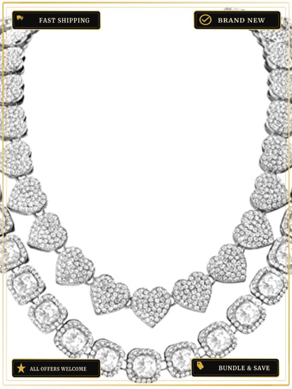 Layered Cuban Link Chain & Heart Necklace Set, Zinc, Cluster Diamond Tennis